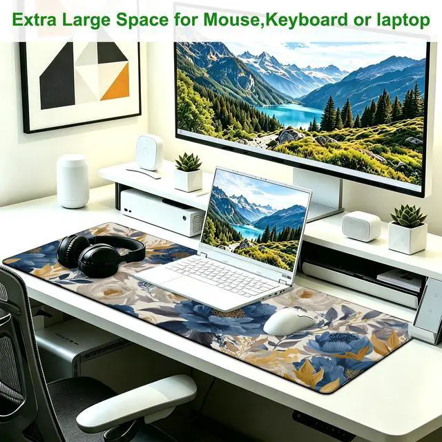 Alt view image 5 of 7 - Watercolor Rose Large Gaming Mouse Pad,Golden Blue Floral Extended Desk Mat with Stitched Edges,Non-Slip Rubber Base Keyboard Mousepad for Home Office Computer Laptop Gamers,31.5" x 11.8"