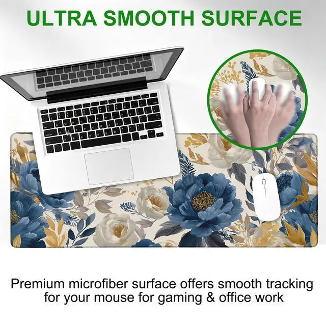 Alt view image 6 of 7 - Watercolor Rose Large Gaming Mouse Pad,Golden Blue Floral Extended Desk Mat with Stitched Edges,Non-Slip Rubber Base Keyboard Mousepad for Home Office Computer Laptop Gamers,31.5" x 11.8"