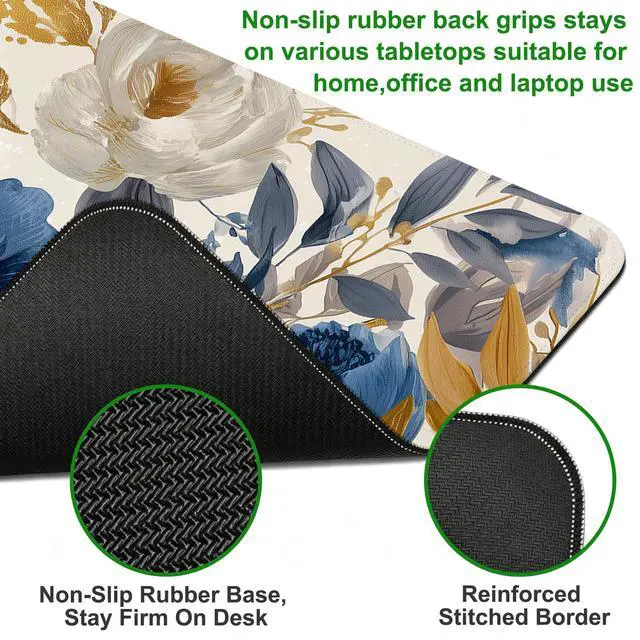 Alt view image 3 of 7 - Watercolor Rose Large Gaming Mouse Pad,Golden Blue Floral Extended Desk Mat with Stitched Edges,Non-Slip Rubber Base Keyboard Mousepad for Home Office Computer Laptop Gamers,31.5" x 11.8"