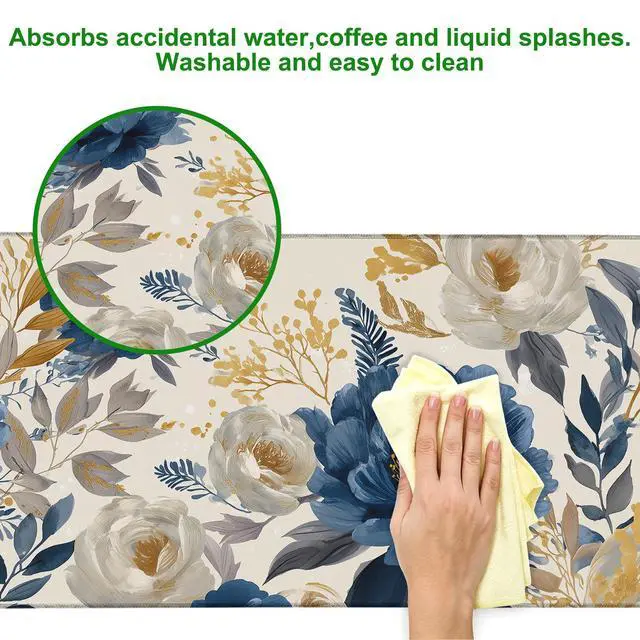 Alt view image 4 of 7 - Watercolor Rose Large Gaming Mouse Pad,Golden Blue Floral Extended Desk Mat with Stitched Edges,Non-Slip Rubber Base Keyboard Mousepad for Home Office Computer Laptop Gamers,31.5" x 11.8"