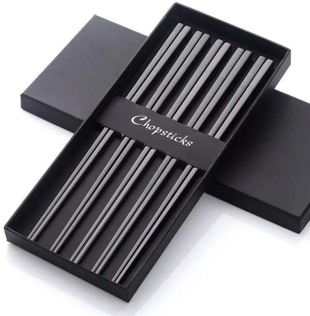 Main image of 5-Pair Stainless Steel Black Metal Reusable Chinese Square Chopsticks