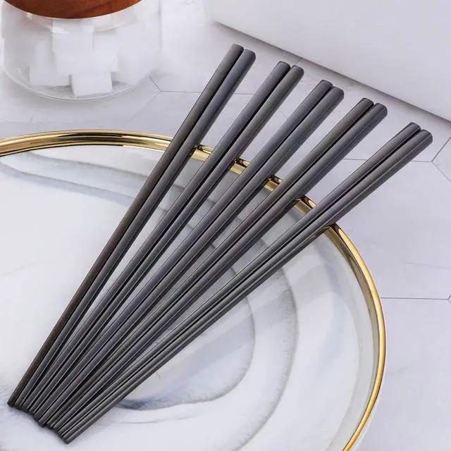 Alt view image 3 of 7 - 5-Pair Stainless Steel Black Metal Reusable Chinese Square Chopsticks