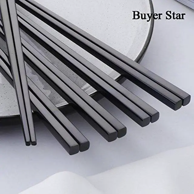 Alt view image 4 of 7 - 5-Pair Stainless Steel Black Metal Reusable Chinese Square Chopsticks
