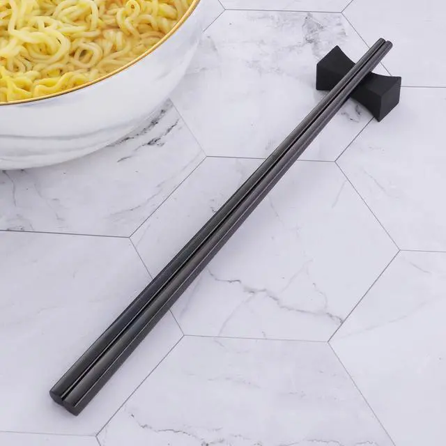 Alt view image 5 of 7 - 5-Pair Stainless Steel Black Metal Reusable Chinese Square Chopsticks