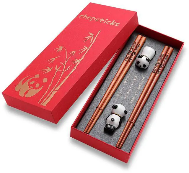 Main image of Cute Panda Chopsticks and Rest Gift Set, Reusable Wooden Chopsticks with Ceramic Holder and Red Gift Case for Wedding, Anniversary, Birthday Presents (2 Pairs)