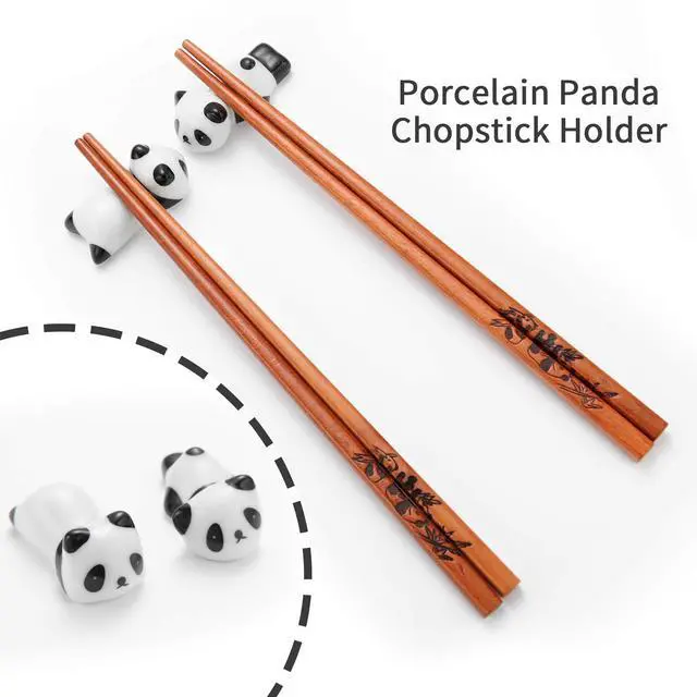 Alt view image 3 of 7 - Cute Panda Chopsticks and Rest Gift Set, Reusable Wooden Chopsticks with Ceramic Holder and Red Gift Case for Wedding, Anniversary, Birthday Presents (2 Pairs)