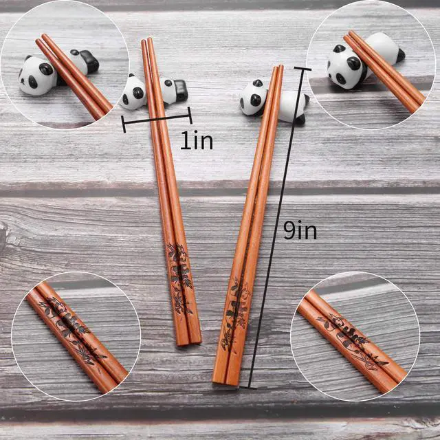 Alt view image 2 of 7 - Cute Panda Chopsticks and Rest Gift Set, Reusable Wooden Chopsticks with Ceramic Holder and Red Gift Case for Wedding, Anniversary, Birthday Presents (2 Pairs)