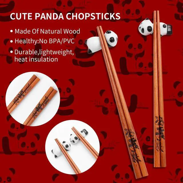 Alt view image 4 of 7 - Cute Panda Chopsticks and Rest Gift Set, Reusable Wooden Chopsticks with Ceramic Holder and Red Gift Case for Wedding, Anniversary, Birthday Presents (2 Pairs)