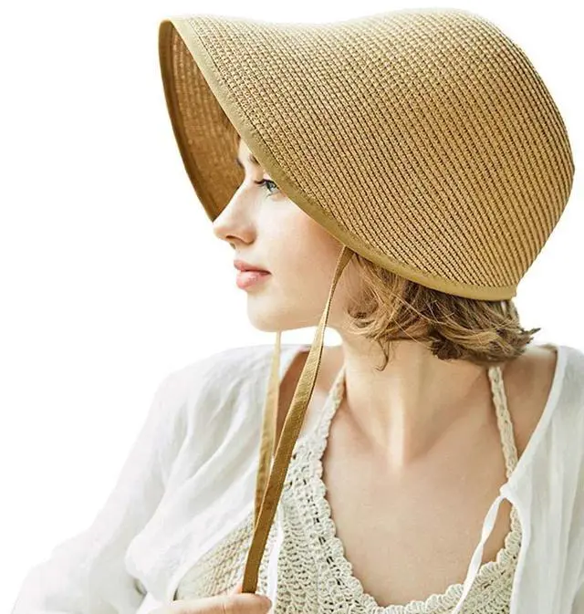 Main image of French Straw Bonnet Cap for Women Victorian Sun Hat Chin Strap Foldable Light Khaki