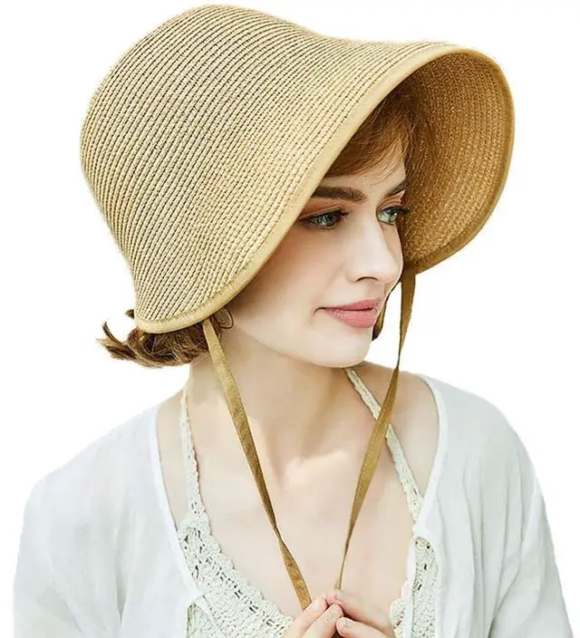 Alt view image 2 of 7 - French Straw Bonnet Cap for Women Victorian Sun Hat Chin Strap Foldable Light Khaki