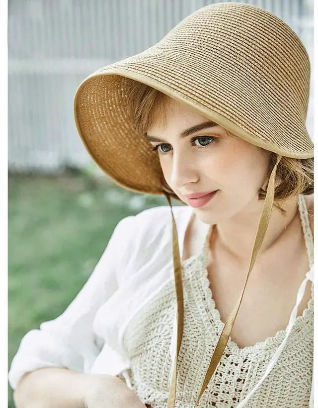 Alt view image 3 of 7 - French Straw Bonnet Cap for Women Victorian Sun Hat Chin Strap Foldable Light Khaki