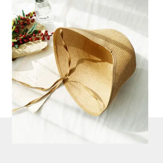 Alt view image 5 of 7 - French Straw Bonnet Cap for Women Victorian Sun Hat Chin Strap Foldable Light Khaki