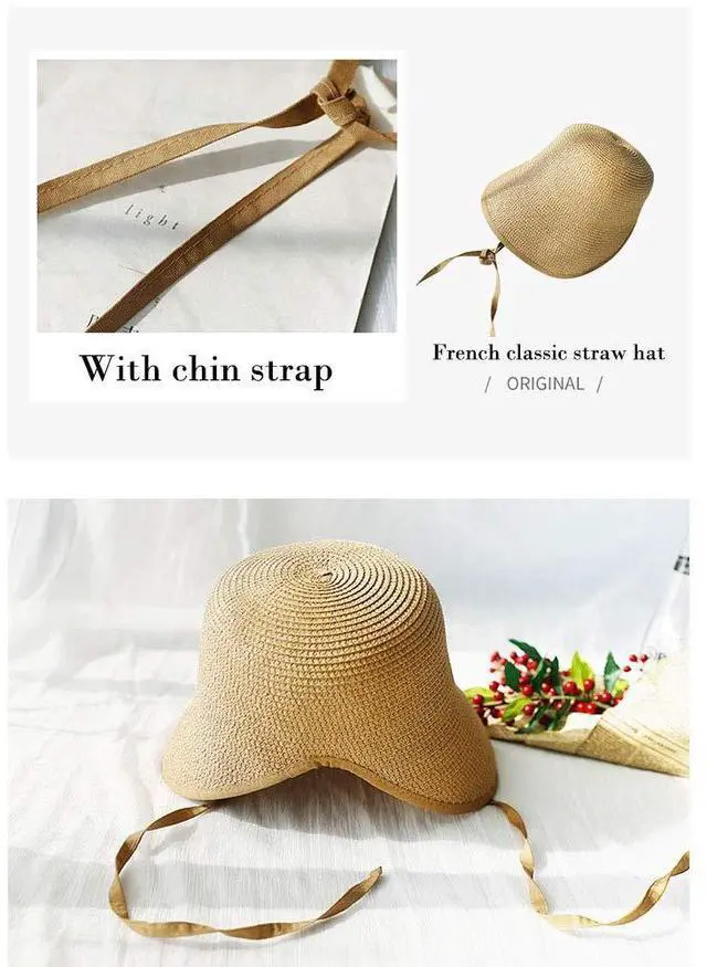Alt view image 6 of 7 - French Straw Bonnet Cap for Women Victorian Sun Hat Chin Strap Foldable Light Khaki