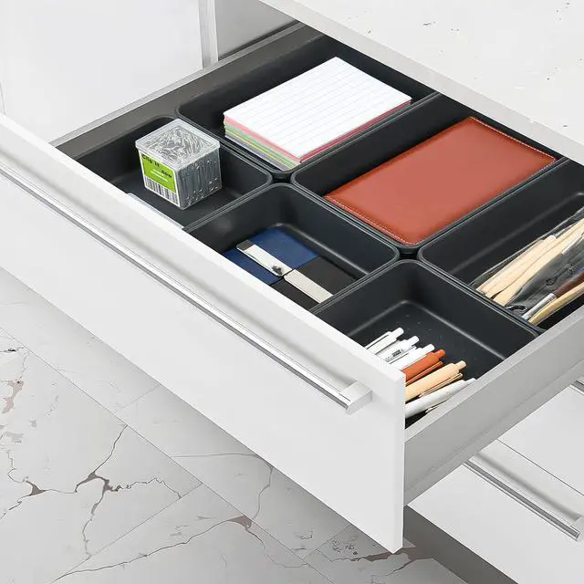 Alt view image 5 of 7 - 6 PCS Large Plastic Drawer Organizer, 9"×6" Desk Drawer Organizer and Storage Trays, Versatile Plastic Storage Bins for Makeup Vanity, Jewelries, Kitchen Utensils, Bathroom and Office