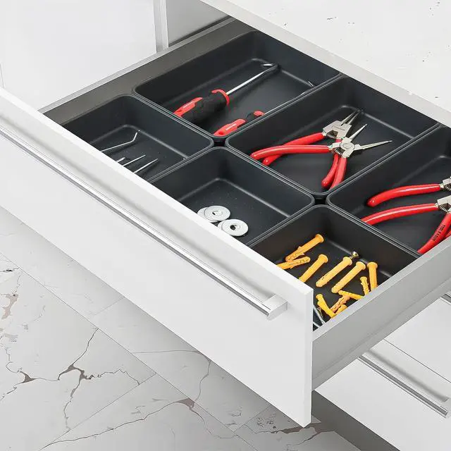 Alt view image 7 of 7 - 6 PCS Large Plastic Drawer Organizer, 9"×6" Desk Drawer Organizer and Storage Trays, Versatile Plastic Storage Bins for Makeup Vanity, Jewelries, Kitchen Utensils, Bathroom and Office