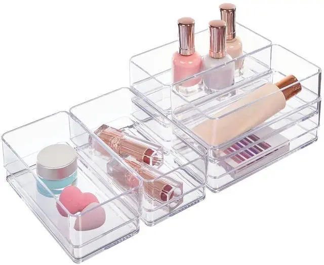 Main image of SimpleSort 6-Piece Stackable Clear Drawer Organizer Set | 6" x 3" x 2" Rectangle Trays | Small Makeup Vanity Storage Bins and Office Desk Drawer Dividers | Made in USA