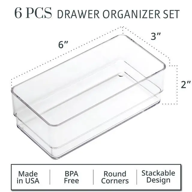 Alt view image 2 of 7 - SimpleSort 6-Piece Stackable Clear Drawer Organizer Set | 6" x 3" x 2" Rectangle Trays | Small Makeup Vanity Storage Bins and Office Desk Drawer Dividers | Made in USA