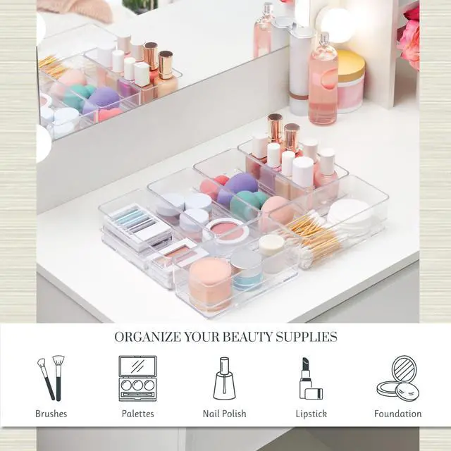 Alt view image 3 of 7 - SimpleSort 6-Piece Stackable Clear Drawer Organizer Set | 6" x 3" x 2" Rectangle Trays | Small Makeup Vanity Storage Bins and Office Desk Drawer Dividers | Made in USA