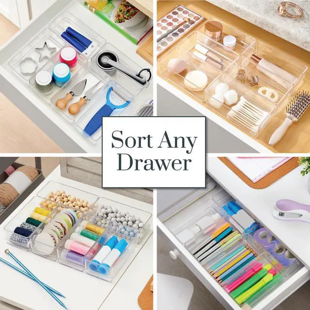 Alt view image 4 of 7 - SimpleSort 6-Piece Stackable Clear Drawer Organizer Set | 6" x 3" x 2" Rectangle Trays | Small Makeup Vanity Storage Bins and Office Desk Drawer Dividers | Made in USA