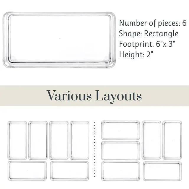 Alt view image 5 of 7 - SimpleSort 6-Piece Stackable Clear Drawer Organizer Set | 6" x 3" x 2" Rectangle Trays | Small Makeup Vanity Storage Bins and Office Desk Drawer Dividers | Made in USA
