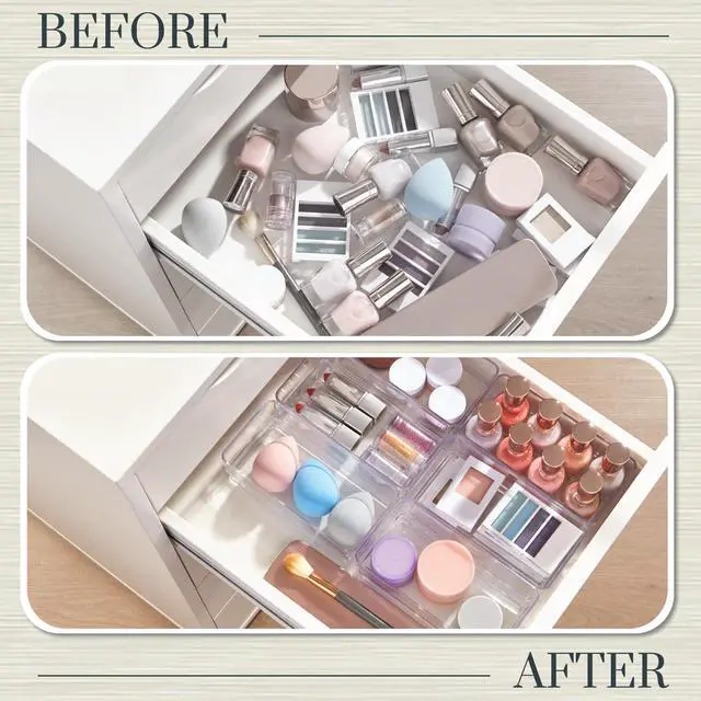 Alt view image 6 of 7 - SimpleSort 6-Piece Stackable Clear Drawer Organizer Set | 6" x 3" x 2" Rectangle Trays | Small Makeup Vanity Storage Bins and Office Desk Drawer Dividers | Made in USA