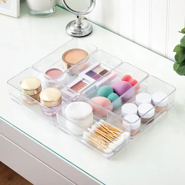 Alt view image 7 of 7 - SimpleSort 6-Piece Stackable Clear Drawer Organizer Set | 6" x 3" x 2" Rectangle Trays | Small Makeup Vanity Storage Bins and Office Desk Drawer Dividers | Made in USA