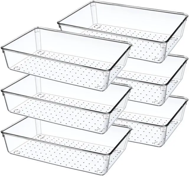 Main image of 6 Pack Drawer Organizers, Plastic Clear Acrylic Non Slip Non Cracking kitchen drawer organizer Stackable Bathroom Drawer Organizer Trays, Storage Bins for Makeup, Bathroom, Kitchen Office