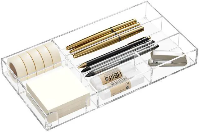 Main image of Acrylic Desk Drawer Organizer Tray with 6 Compartments, Small Clear Office Drawer Organizers and Accessories for Pens, Pencil, Makeup, Desktop, Bathroom and Kitchen, 11.65 x 6.1 x 1.38 Inch