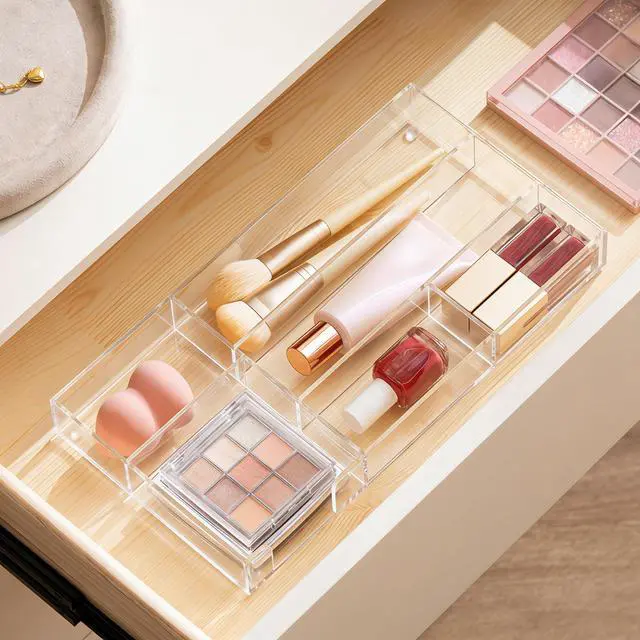 Alt view image 6 of 7 - Acrylic Desk Drawer Organizer Tray with 6 Compartments, Small Clear Office Drawer Organizers and Accessories for Pens, Pencil, Makeup, Desktop, Bathroom and Kitchen, 11.65 x 6.1 x 1.38 Inch