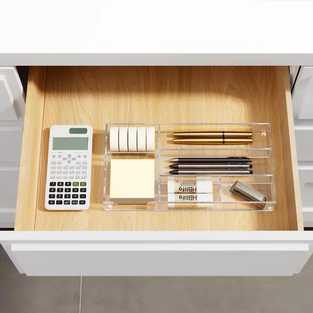 Alt view image 2 of 7 - Acrylic Desk Drawer Organizer Tray with 6 Compartments, Small Clear Office Drawer Organizers and Accessories for Pens, Pencil, Makeup, Desktop, Bathroom and Kitchen, 11.65 x 6.1 x 1.38 Inch