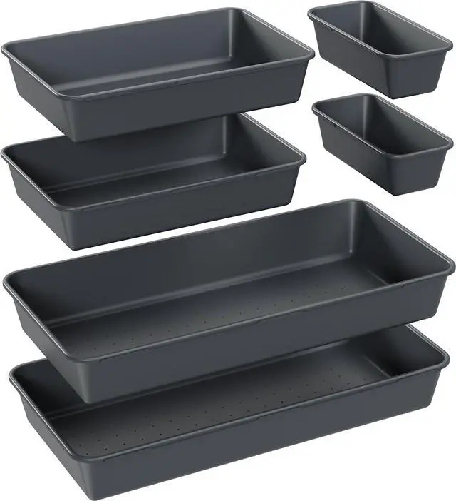 Main image of 6 PCS Large Drawer Organizer, 3 Sizes Plastic Versatile Desk Drawer Organizer Trays, Kitchen Drawer Organization and Plastic Storage Bins for Makeup, Vanity, Kitchen, Utensils, Office, Bathroom