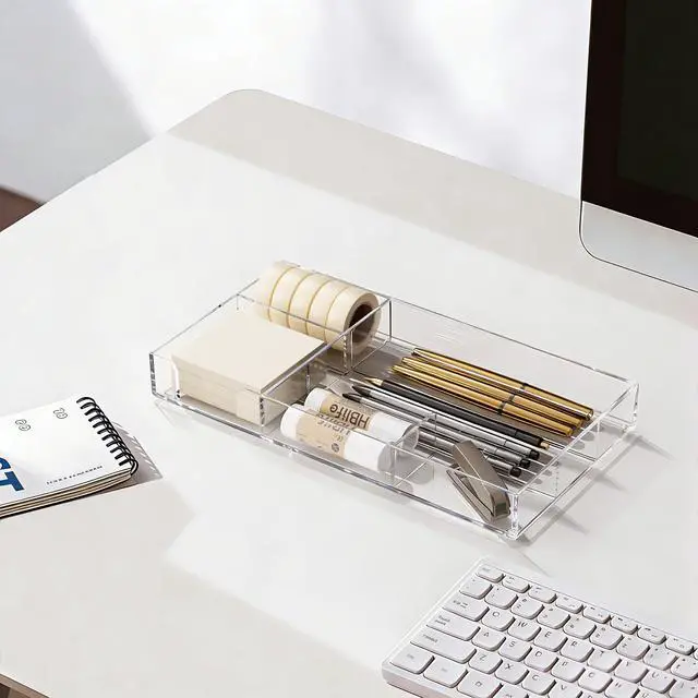 Alt view image 5 of 7 - Acrylic Desk Drawer Organizer Tray with 6 Compartments, Small Clear Office Drawer Organizers and Accessories for Pens, Pencil, Makeup, Desktop, Bathroom and Kitchen, 11.65 x 6.1 x 1.38 Inch