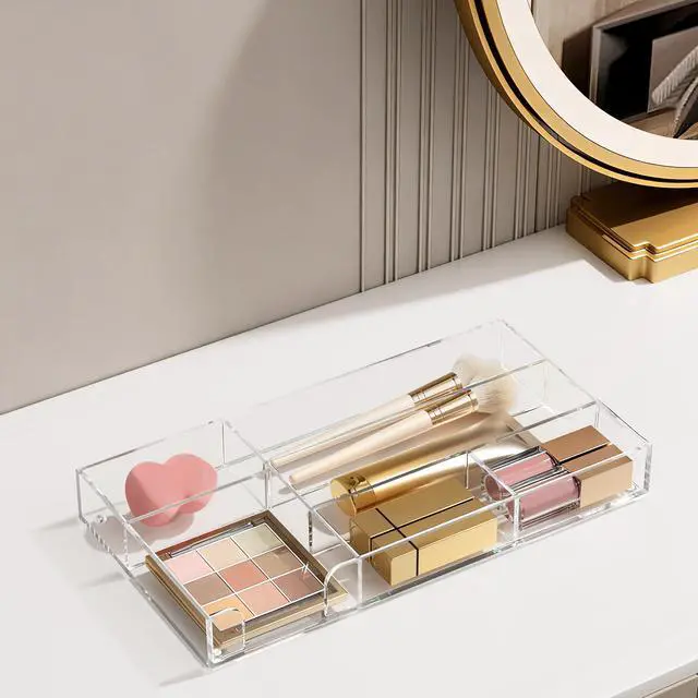 Alt view image 7 of 7 - Acrylic Desk Drawer Organizer Tray with 6 Compartments, Small Clear Office Drawer Organizers and Accessories for Pens, Pencil, Makeup, Desktop, Bathroom and Kitchen, 11.65 x 6.1 x 1.38 Inch
