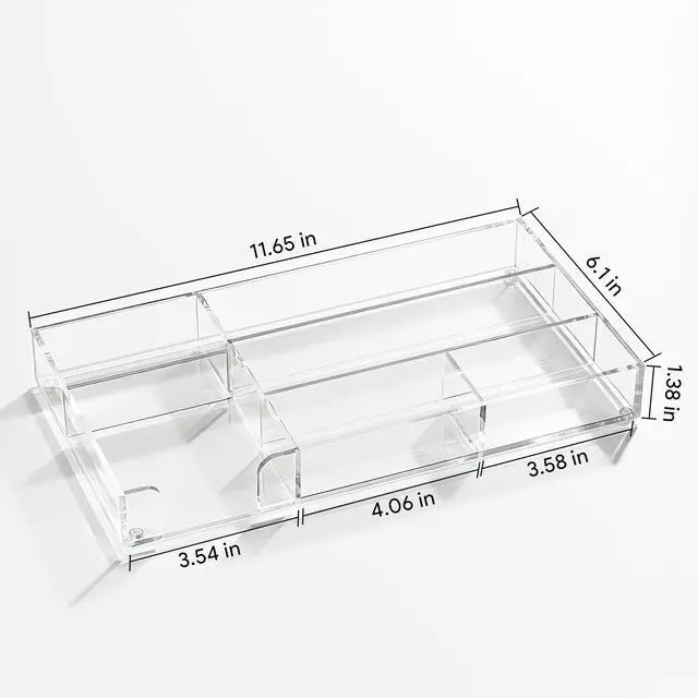Alt view image 3 of 7 - Acrylic Desk Drawer Organizer Tray with 6 Compartments, Small Clear Office Drawer Organizers and Accessories for Pens, Pencil, Makeup, Desktop, Bathroom and Kitchen, 11.65 x 6.1 x 1.38 Inch