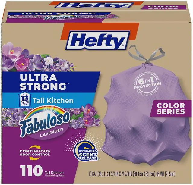 Main image of Ultra Strong 13 Gallon Trash Bags, Tall Kitchen Trash Bags 13 Gallon Size, Resist Leaks, Punctures, and Rips, Continuous Odor Control, Purple, Fabuloso Scent, 110 Bags