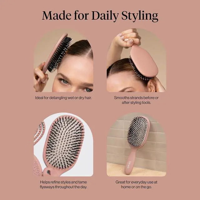 Alt view image 6 of 7 - Smooth & Polish Brush Dual Bristle Detangler Brush, Shine & Frizz Control Vegan Boar & Nylon Hair Brush with Cushioned Pad for Scalp Massage Hair Care Tool for All Hair Types - Terracotta