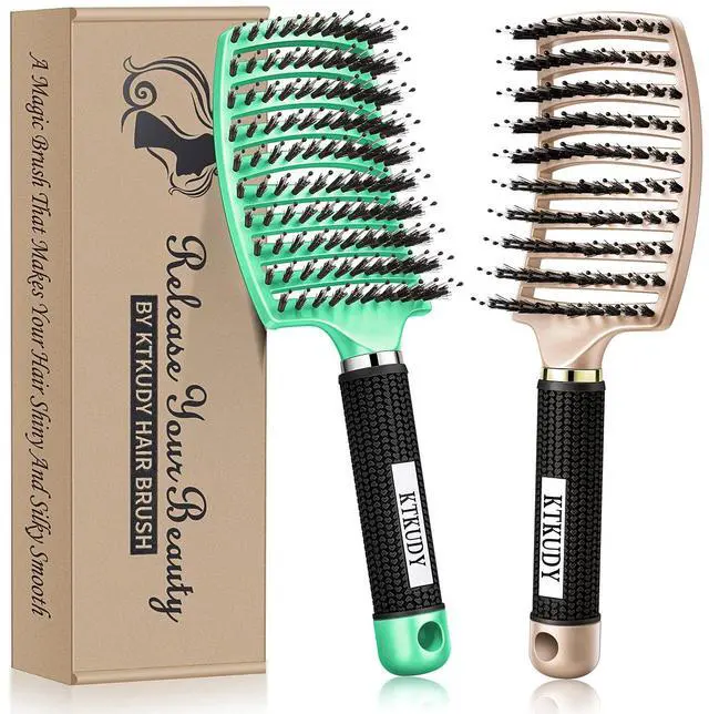 Main image of Detangling Brush Getting Knots Out without Pain - Boar Bristles HairBrush Make Hair Shiny & Healthier Vented Detangler Brush for Women Men Kids Wet and Dry Hair (Gold & Green)