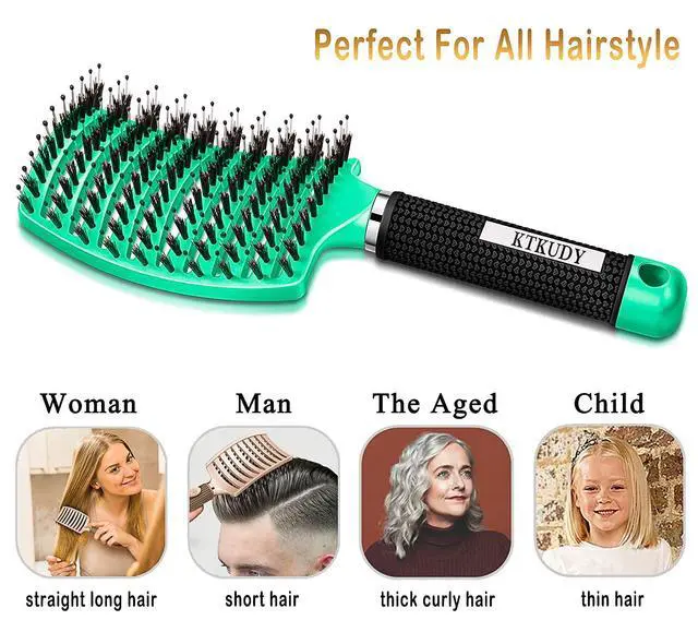 Alt view image 5 of 6 - Detangling Brush Boar Bristles Hairbrush Make Hair Shiny & Healthier Curved and Vented Detangler Brush for Women Men Kids Wet & Dry Hair (Light green)