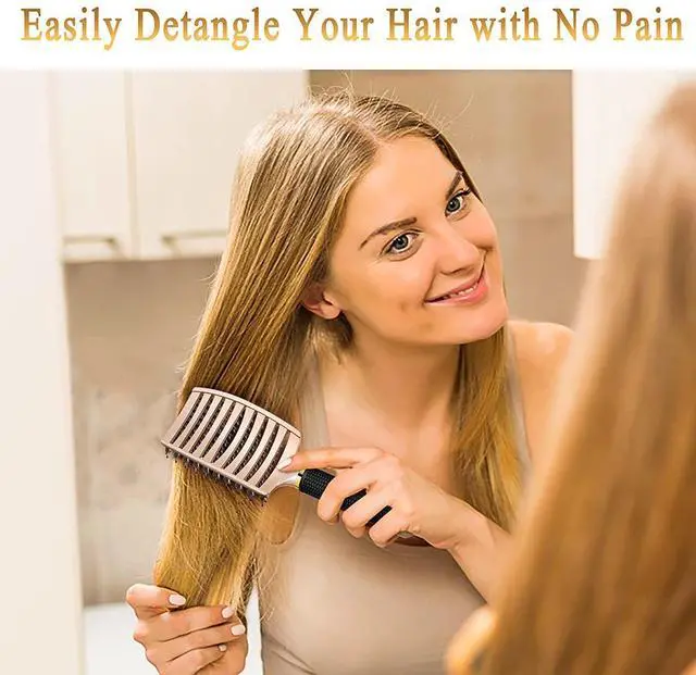 Alt view image 4 of 6 - Detangling Brush Getting Knots Out without Pain - Boar Bristles HairBrush Make Hair Shiny & Healthier Vented Detangler Brush for Women Men Kids Wet and Dry Hair (Gold & Green)