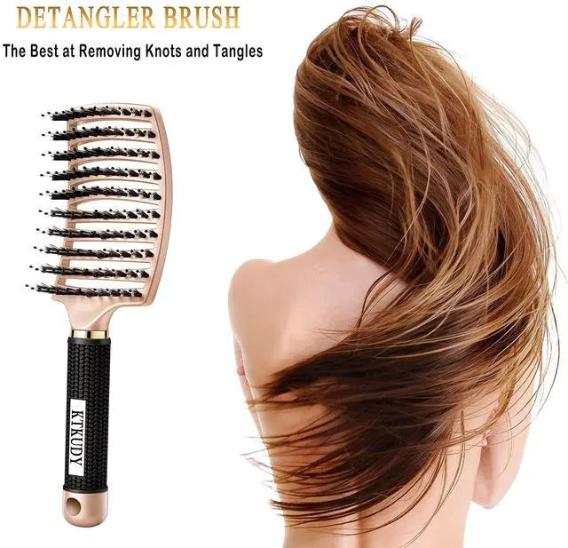 Alt view image 3 of 6 - Detangling Brush Getting Knots Out without Pain - Boar Bristles HairBrush Make Hair Shiny & Healthier Vented Detangler Brush for Women Men Kids Wet and Dry Hair (Gold & Green)