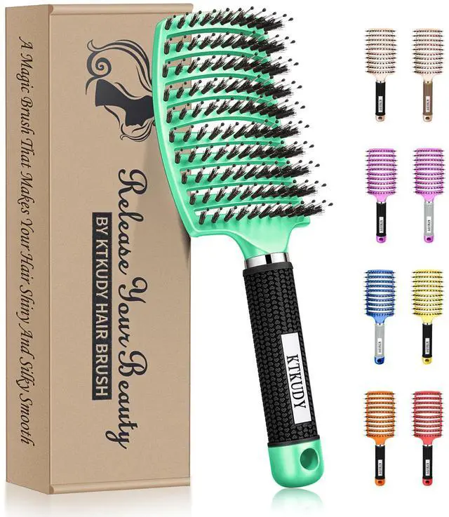 Main image of Detangling Brush Boar Bristles Hairbrush Make Hair Shiny & Healthier Curved and Vented Detangler Brush for Women Men Kids Wet & Dry Hair (Light green)