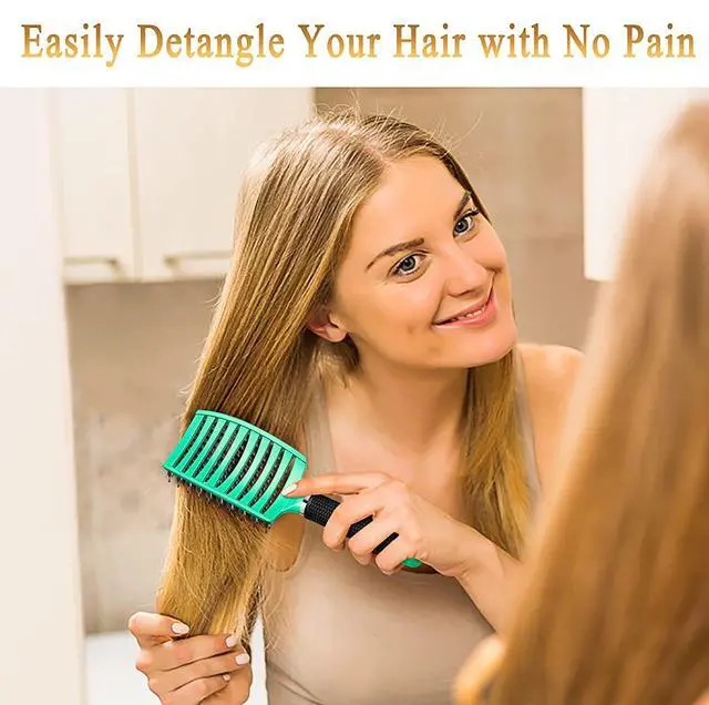 Alt view image 4 of 6 - Detangling Brush Boar Bristles Hairbrush Make Hair Shiny & Healthier Curved and Vented Detangler Brush for Women Men Kids Wet & Dry Hair (Light green)