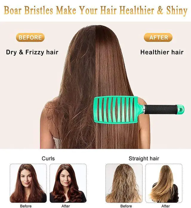 Alt view image 2 of 6 - Detangling Brush Boar Bristles Hairbrush Make Hair Shiny & Healthier Curved and Vented Detangler Brush for Women Men Kids Wet & Dry Hair (Light green)