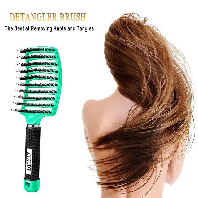Alt view image 3 of 6 - Detangling Brush Boar Bristles Hairbrush Make Hair Shiny & Healthier Curved and Vented Detangler Brush for Women Men Kids Wet & Dry Hair (Light green)