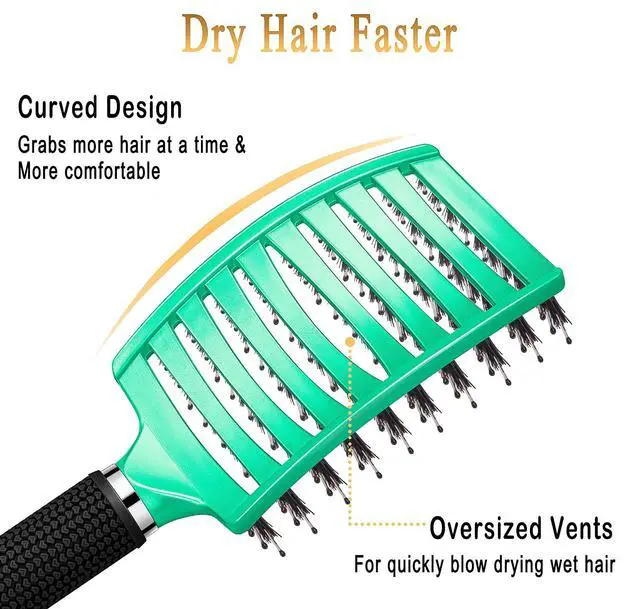 Alt view image 6 of 6 - Detangling Brush Boar Bristles Hairbrush Make Hair Shiny & Healthier Curved and Vented Detangler Brush for Women Men Kids Wet & Dry Hair (Light green)