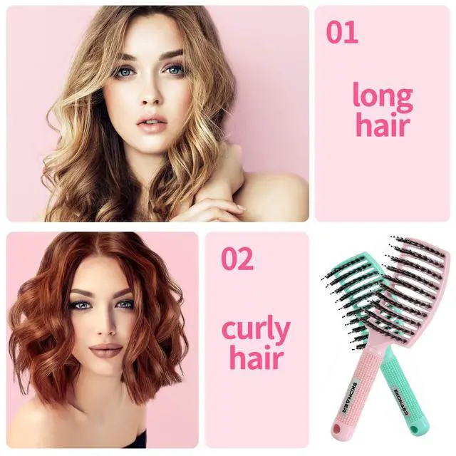 Alt view image 2 of 7 - 3 Pack Vented Quick Drying Massage Blow Detangler Brush,Boar Bristle Hair Brush Set-Curved,Detangling Hair Brush for Women Long,Thick, Thin, Curly(Green)