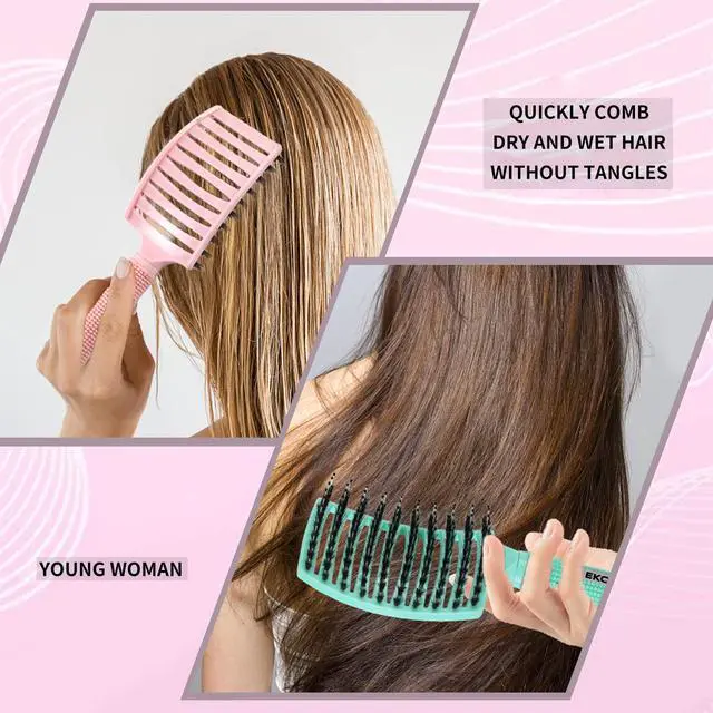 Alt view image 3 of 7 - 3 Pack Vented Quick Drying Massage Blow Detangler Brush,Boar Bristle Hair Brush Set-Curved,Detangling Hair Brush for Women Long,Thick, Thin, Curly(Green)