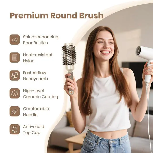Alt view image 4 of 7 - Round Brush for Blow Out, Medium Round Hair Brush Nano Thermal Ceramic & Ionic Tech, for Blow Drying & Styling, Curling and Shine - 2.9 inch Barrel w/Boar Bristles