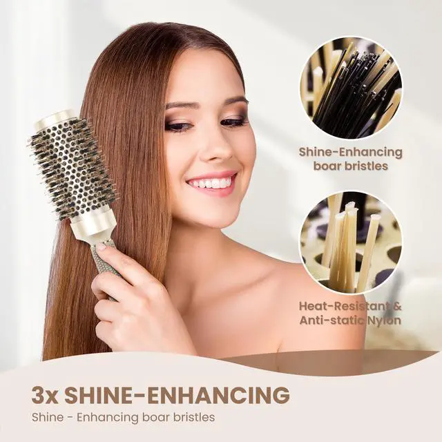 Alt view image 6 of 7 - Round Brush for Blow Out, Medium Round Hair Brush Nano Thermal Ceramic & Ionic Tech, for Blow Drying & Styling, Curling and Shine - 2.9 inch Barrel w/Boar Bristles