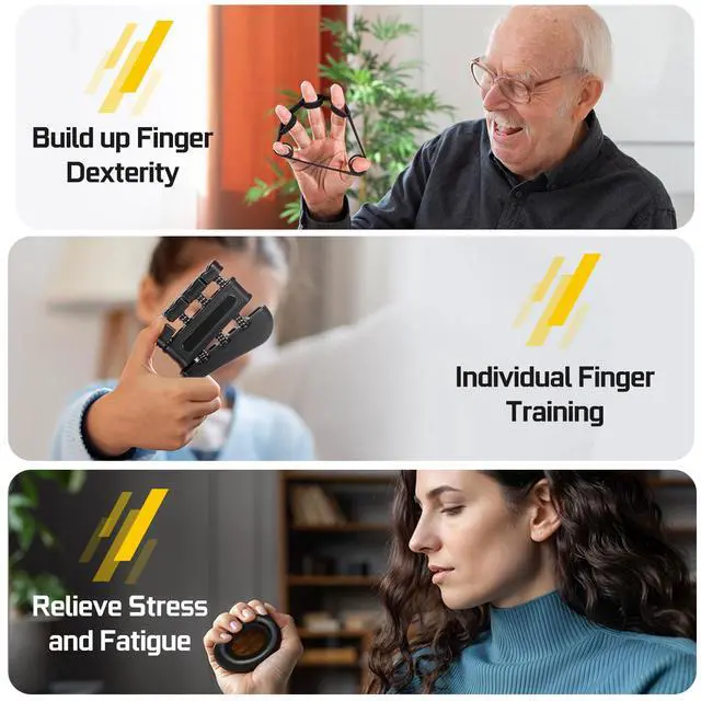 Alt view image 5 of 7 - Hand Grip Strength Trainer Kit - Hand Gripper Strengthener 6 Pack with 2 Adjustable Resistance with 2 Finger Stretchers Finger Exerciser Forearm Workout Ring Exercise Equipment Yellow and Black